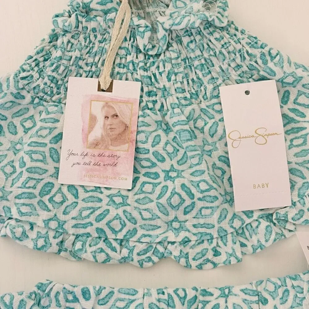 Jessica Simpson Baby Girls 2 Pc Summer Shorts aqua white Set size 3/6 months new